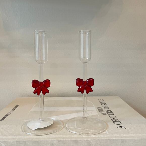 Red Bow Glass Taper Candle Holders 7in Set of 2 Holiday Glam NEW - Picture 4 of 9